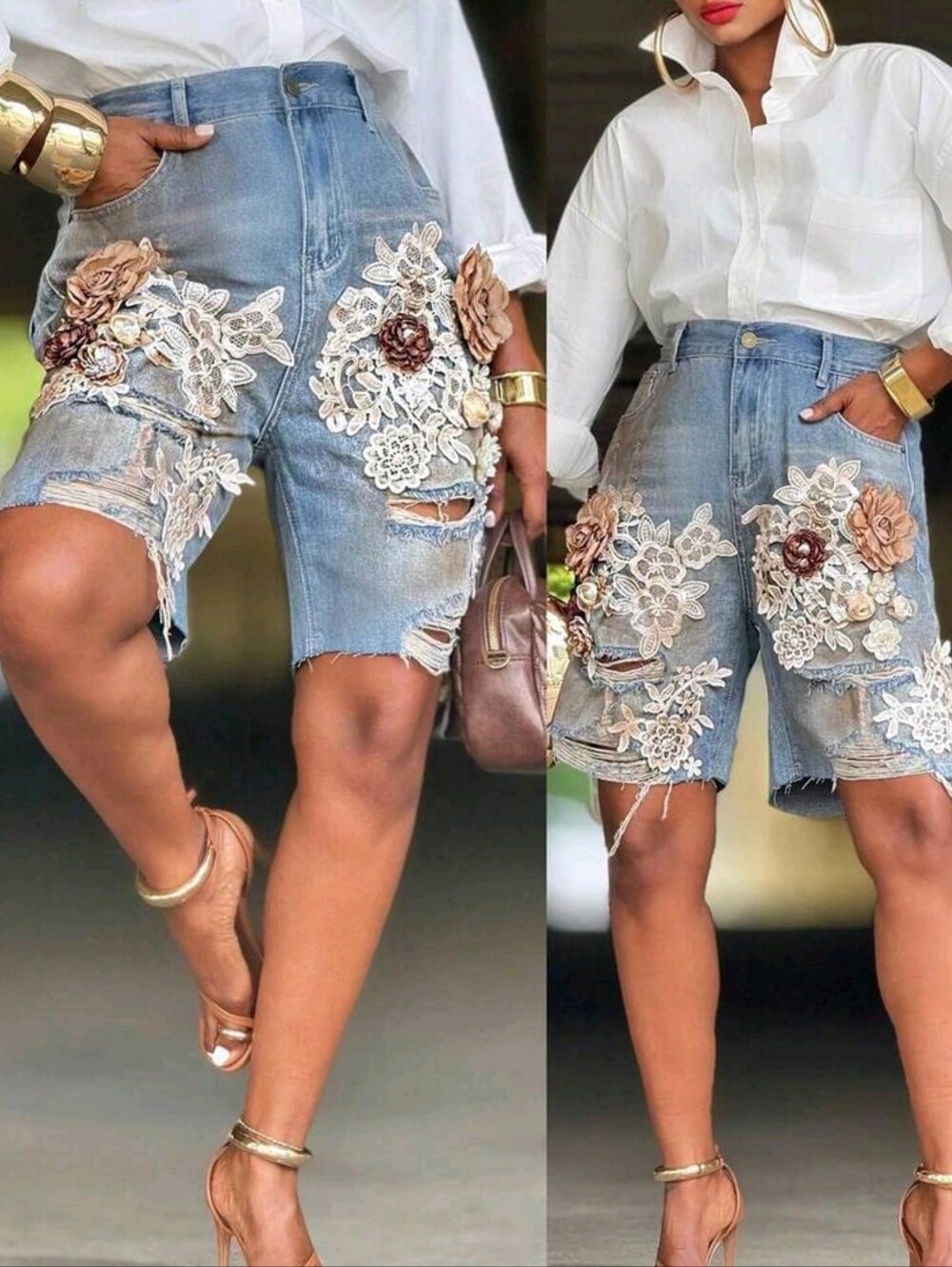 Women's Light Blue Denim Distressed Shorts - 3D Lace Flower - Picture 2 of 8